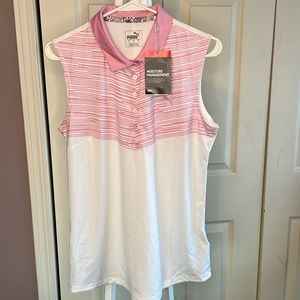 NWT Puma Golf Sleeveless Polo. Pink/White. Size L.